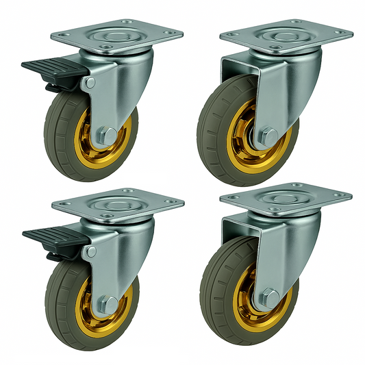 (4-Pack) 3" Swivel Rubber Caster Wheels – 2 w/ Brakes + 2 w/o, Top Plate Mount, 132 lb Load, Ball Bearing